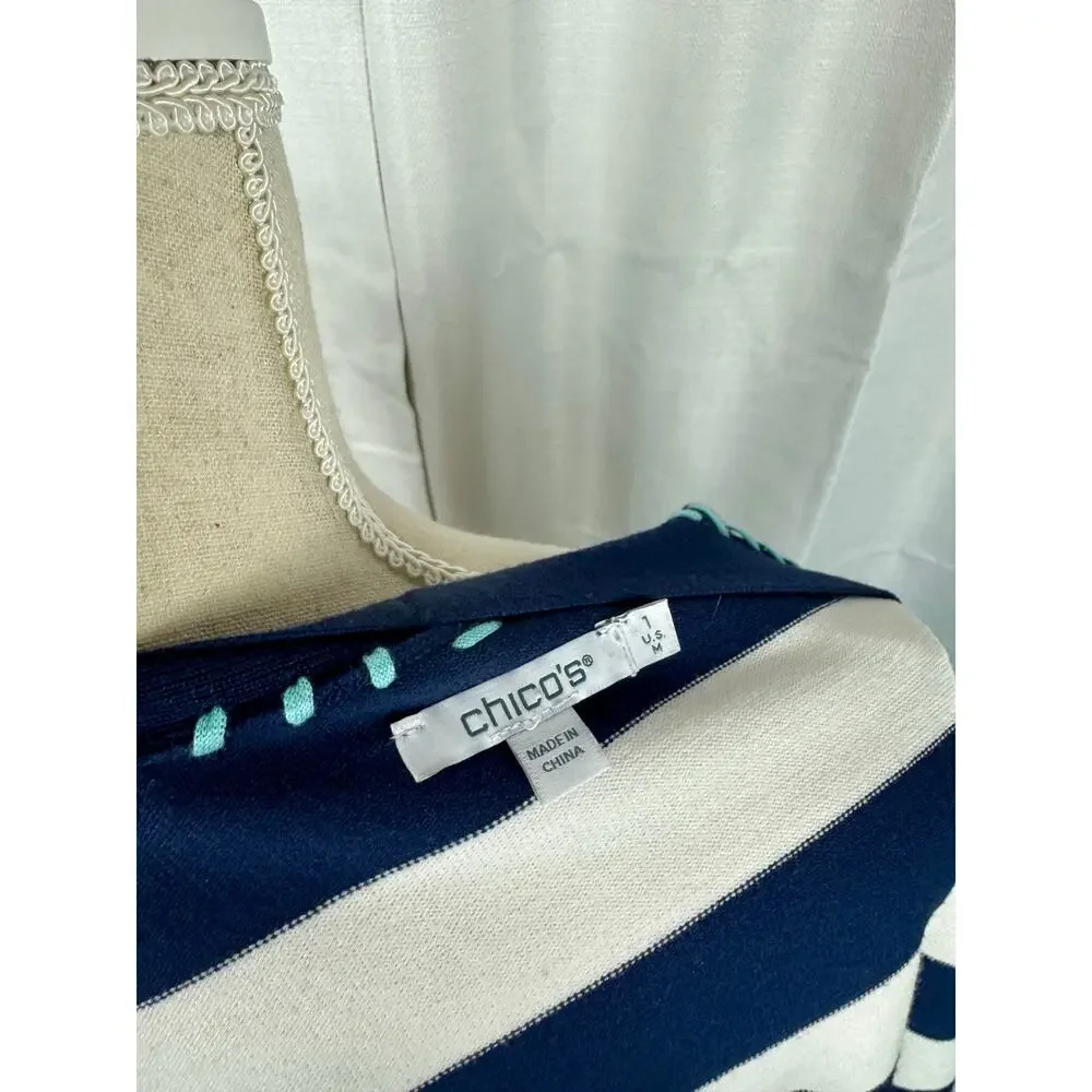 Chico's Striped Cardigan Sweater M Nautical Coastal Grandma Open Front - Picture 7 of 7